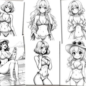 May include: Six black and white illustrations of women in various poses wearing swimsuits. The women have long hair and are drawn in an anime style.