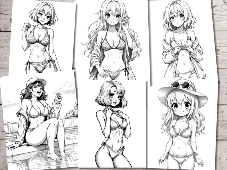 May include: Six black and white illustrations of women in various poses wearing swimsuits. The women have long hair and are drawn in an anime style.