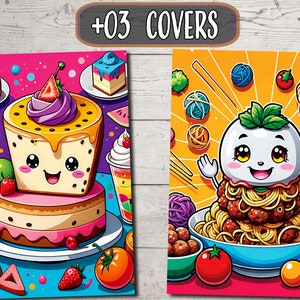 Puede incluir: Dos ilustraciones coloridas de personajes de comida de dibujos animados. La primera imagen presenta un pastel de capas con glaseado rosa, amarillo y morado, rodeado de fruta y otros postres. La segunda imagen presenta un taz&oacute;n de espaguetis con alb&oacute;ndigas, coronado con un personaje de dibujos animados blanco con una hoja verde en la cabeza.