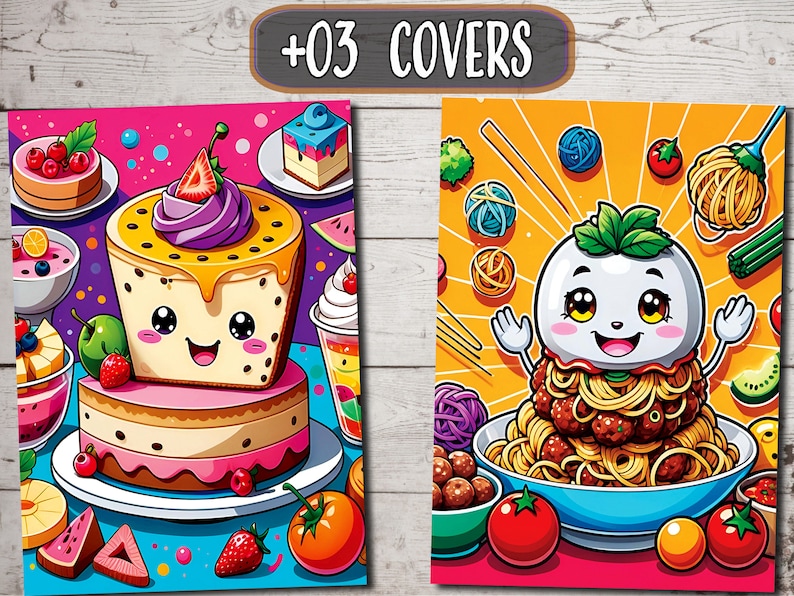 Puede incluir: Dos ilustraciones coloridas de personajes de comida de dibujos animados. La primera imagen presenta un pastel de capas con glaseado rosa, amarillo y morado, rodeado de fruta y otros postres. La segunda imagen presenta un taz&oacute;n de espaguetis con alb&oacute;ndigas, coronado con un personaje de dibujos animados blanco con una hoja verde en la cabeza.