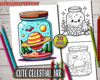 Celestial Jar Coloring Book: Kawaii Stars, Planets (Printable PDF)