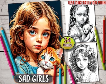 Grayscale Sad Little Girls Coloring Book: 34 Printable Pages (PDF)