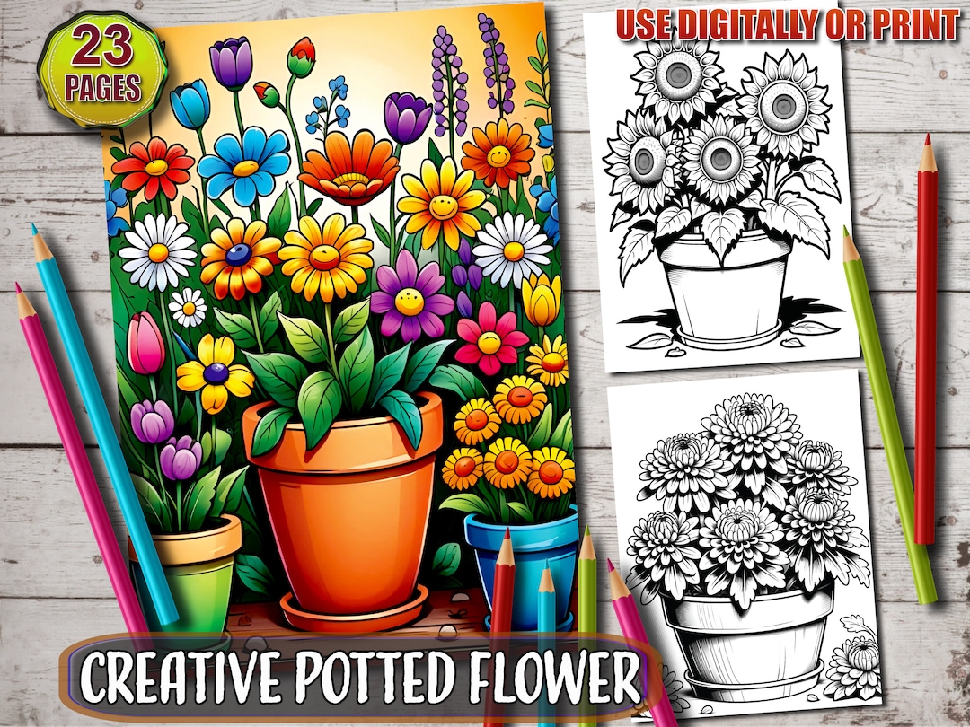 Potted Flowers Coloring Book: Botanical Grayscale Pages (printable PDF ...