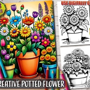 Potted Flowers Coloring Book: Botanical Grayscale Pages (Printable PDF)