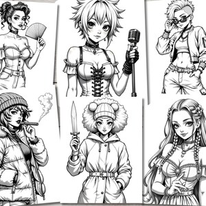 May include: A collection of black and white illustrations featuring different female characters. Each character has a unique style and expression, including a woman with a microphone, a woman with a knife, a woman with a cigarette, and a woman with a fan.