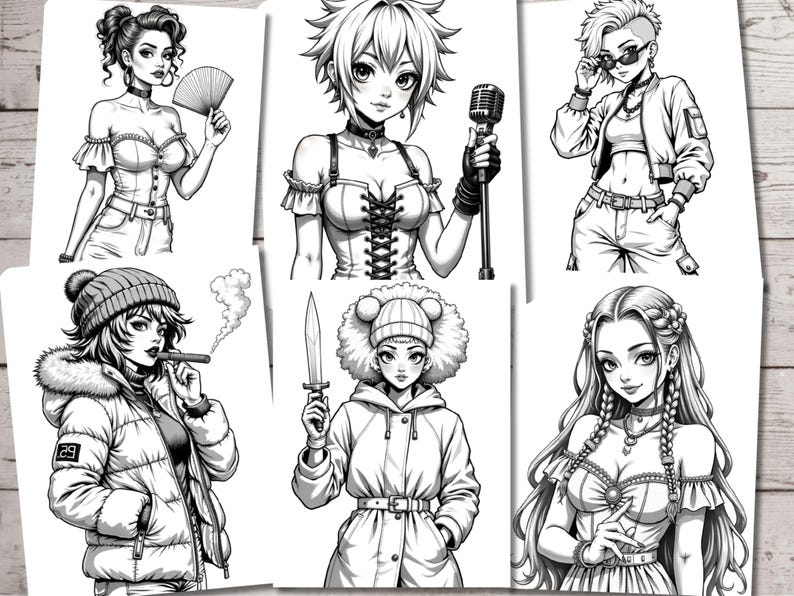 May include: A collection of black and white illustrations featuring different female characters. Each character has a unique style and expression, including a woman with a microphone, a woman with a knife, a woman with a cigarette, and a woman with a fan.