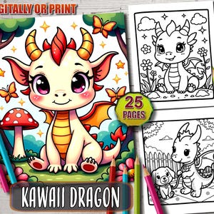 May include: A Kawaii Dragon coloring book with 25 pages. The cover features a cute cartoon dragon with red and orange accents, butterflies, and a mushroom. Colored pencils in various colors are arranged around the book.
