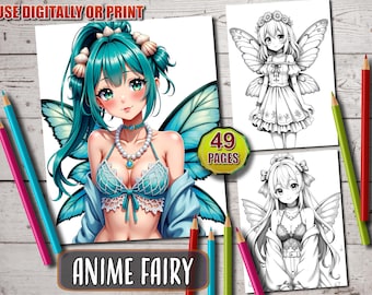 May include: A coloring book featuring an anime fairy with blue wings and a blue and white bikini top. The book has 49 pages and is titled "Anime Fairy".