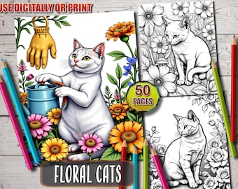 Floral Cats Coloring Book: 50 Grayscale Pages (Printable PDF Download)