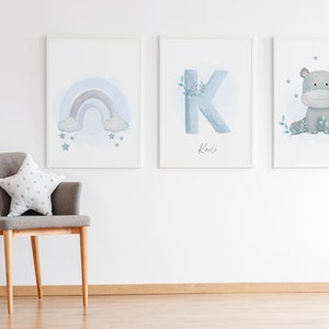 Conjunto de habitación infantil Mural digital de 3 | Inicial del niño | Hippo Rainbow Boy | Guardería Arte | Art Print Decoración de pared A4 A3 PDF