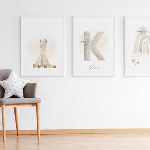 Conjunto de habitación infantil Mural digital de 3 | Inicial del niño | Alpaca arco iris neutro | Guardería Arte | Art Print Decoración de pared A4 A3 PDF