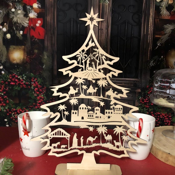 Decorazione ad albero di Natale con scene natività incise, file svg, laser cut, digital download