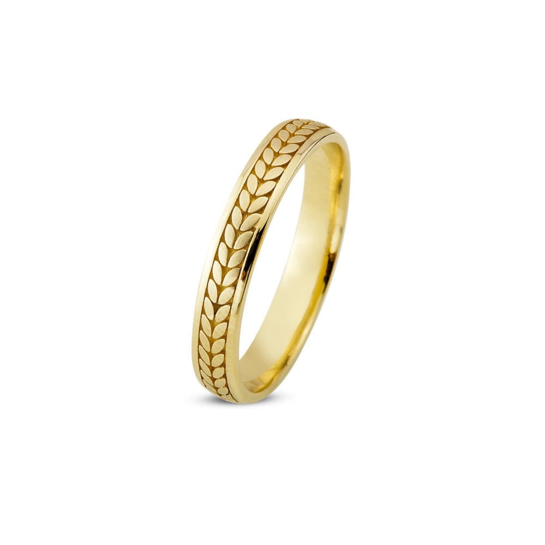14K Real Solid Gold Wedding Ring Wheat Engraved Wedding Band Etsy
