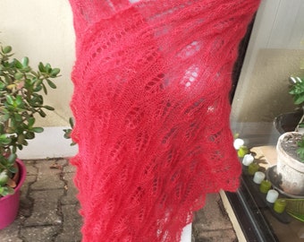 Hand-knitted red silk and mohair stole