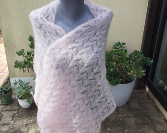 Pale pink hand-knitted silk and mohair stole