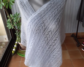 Hand-knitted sky blue silk and mohair stole