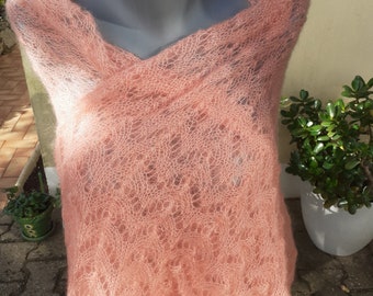 Hand-knitted salmon silk and mohair stole