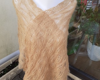 Hand-knitted caramel brown silk and mohair stole