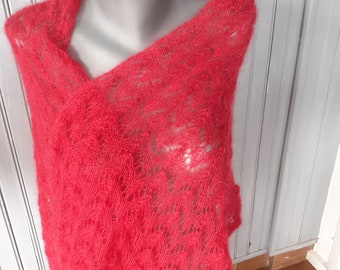 Hand-knitted red mohair and silk stole