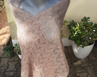 Hand-knitted light taupe silk and mohair stole