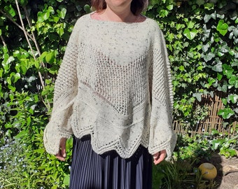 poncho tricote mains beige moucheté