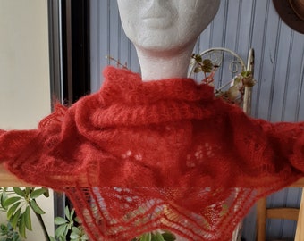 Hand knitted red silk and mohair scarf