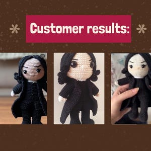 May include: Crocheted doll in a black coat and outfit, with a light skin tone and black hair. The image shows three different views of the doll. Text in the image reads "Customer results:"