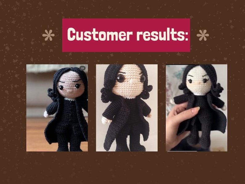 May include: Crocheted doll in a black coat and outfit, with a light skin tone and black hair. The image shows three different views of the doll. Text in the image reads "Customer results:"