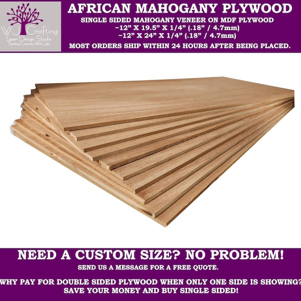 African Mahogany 1/4 Inch SINGLE Sided With MDF Core, Premium Grade A1, GlowForge / Laser / CNC Ready