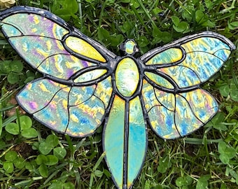 Stained Glass Fly Suncatcher: Handmade Iridescent Green Insect Window Decor