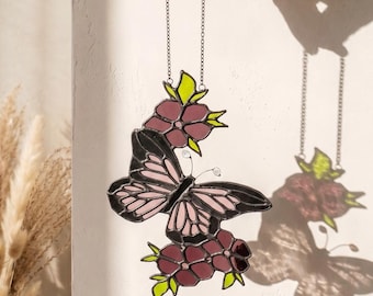 Handmade Stained Glass Butterfly Suncatcher, Pink Wings, Floral Art, Window Hanging Home Decor