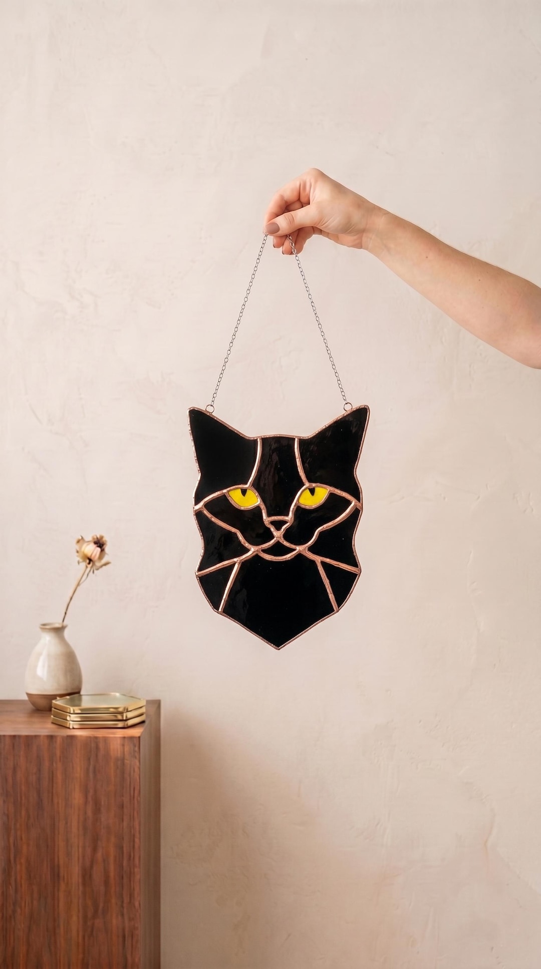 Black Cat Stained Glass Suncatcher Blue Eyes Handmade Window Hanging ...