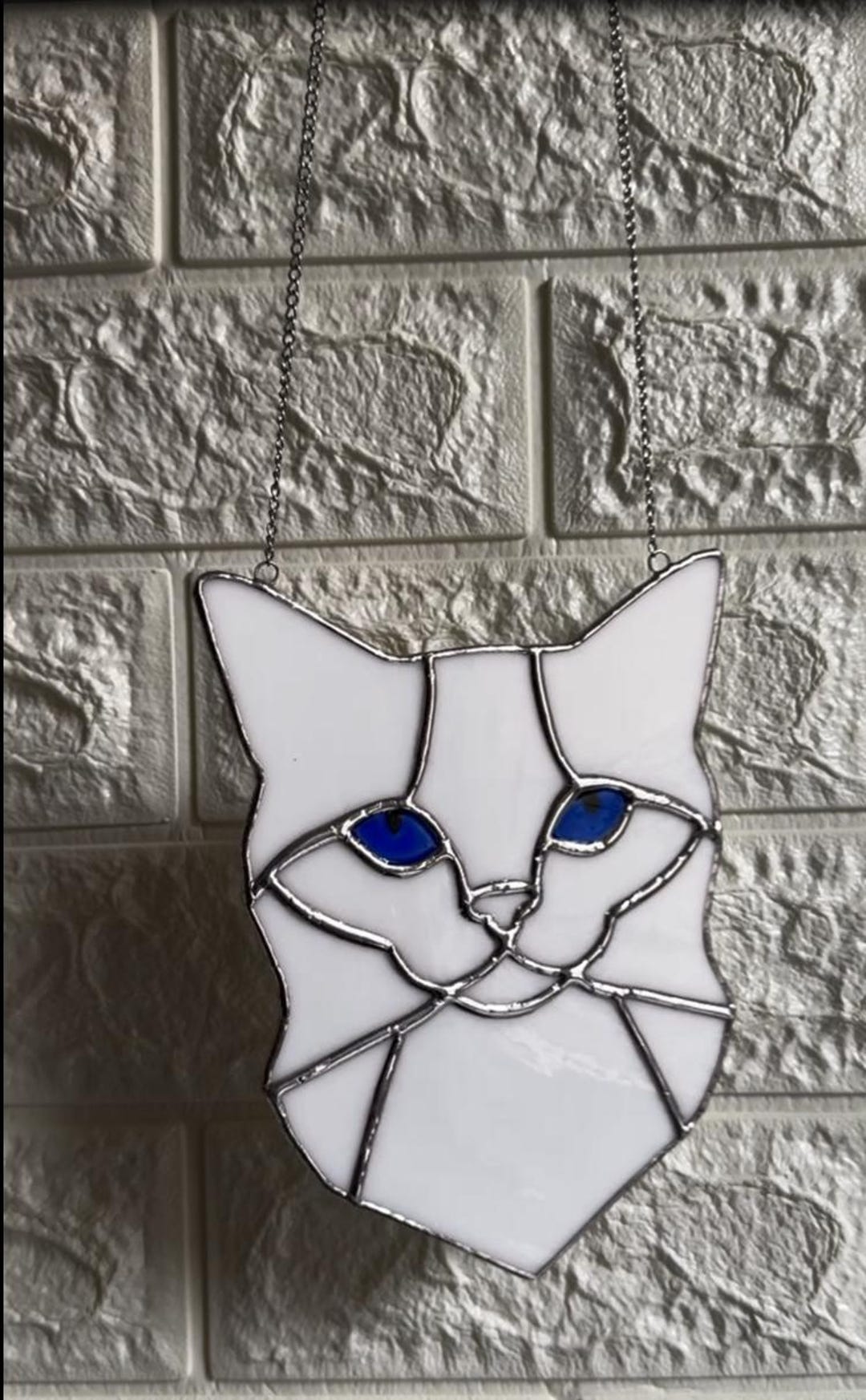 White Stained Glass Cat Suncatcher Blue Eyes Handmade Window Hanging ...