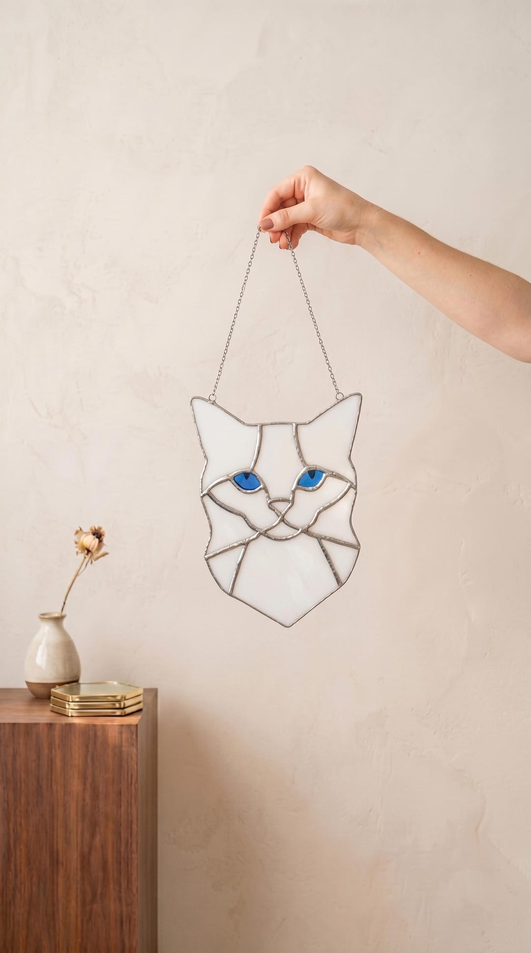 White Stained Glass Cat Suncatcher Blue Eyes Handmade Window Hanging ...