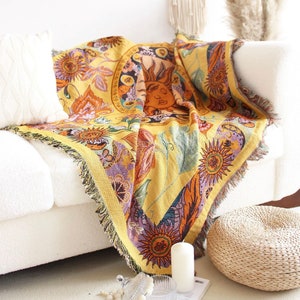 Celestial Zodiac Sun Bohemian Throw Blanket | Boho Throw Blanket | Fringed Woven Tapestry Throw Blanket | Knitted Throw | Gift