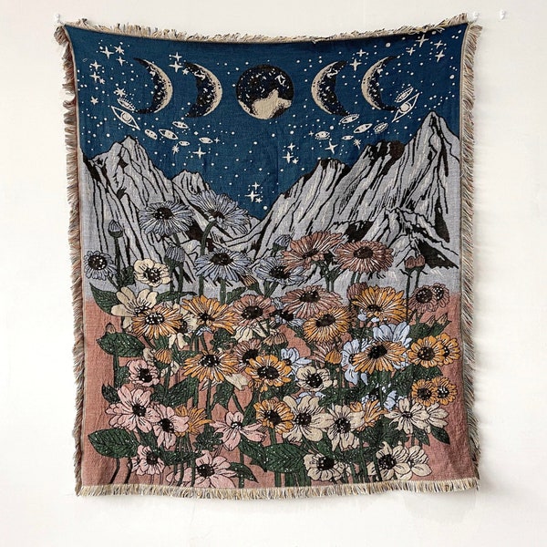 Stars and Moon Floral Tapestry Woven Throw Blanket | Bohemian Throw Blanket | Boho Floor Rug | Multipurpose | Gift | Fringed Throw