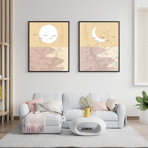 Boho Contemporary wall art - Sun - Moon - Pack of 2 - Boho Modern -Minimal  Wall Art Decor - Digital Download