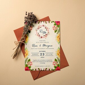 Minimalist Wedding Invitation Template, Botanical Floral Wedding Invitation Template Download, Hadley, Editable Invitation Set Neutral