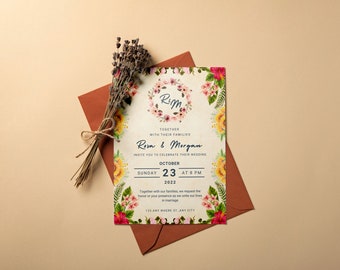 Minimalist Wedding Invitation Template, Botanical Floral Wedding Invitation Template Download, Hadley, Editable Invitation Set Neutral