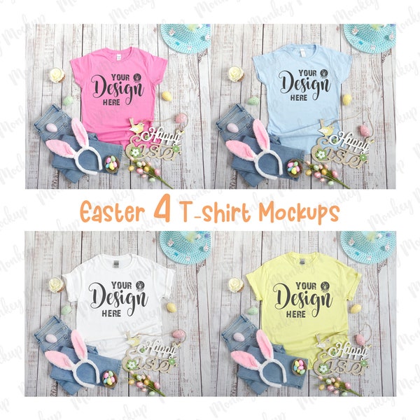 Easter 4 Mockup Shirt Bundle, Mock-up Gildan Blue Yellow White Pink Shirt with Eggs Bunny Ears, Mockup Stock Photography, Spring Mock Up