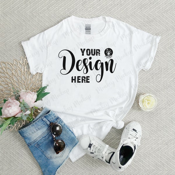 White Unisex Shirt Mockup, Gildan Heavy Cotton T-shirt Mock Up, Modern Tee Mock-up SVG, Styled Stock Mock up Photo, Sublimation JPG Digital