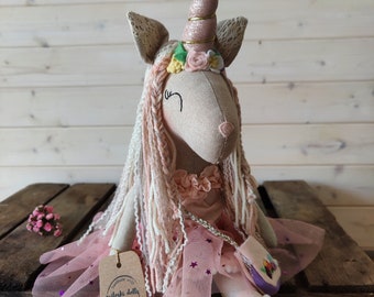 Gorgeous unicorn fabric collector doll, OOAK pink magical gift, fantasy art doll, handmade from textile, hand embroidered piece of art