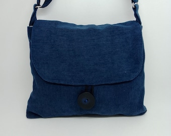 Navy blue Needlecord cross body bag small with zip pocket, vegan handmade fabric crossbody bag adjustable strap. Gift for her vegan bag