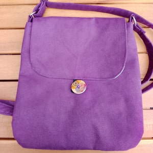 Purple crossbody bag small with zip pocket, vegan small messenger bag  faux suede, handmade fabric crossbody bag adjustable