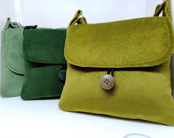 small Green crossbody bag zip pocket, moss sage or forest green, velvet or needlecord vegan bag, crossbody bag adjustable strap & pockets