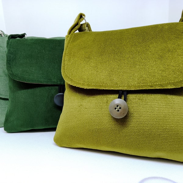 small Green crossbody bag zip pocket, moss sage or forest green, velvet or needlecord vegan bag, crossbody bag adjustable strap & pockets