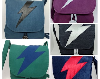 Bowie Lightning bolt cross body bag with zip pocket long adjusting strap, Ziggy messenger bag denim vegan suede green indigo purple blue red