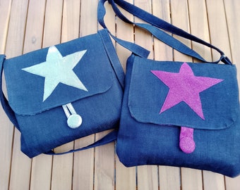 Indigo Denim vegan crossbody bag with zip pocket, small handmade handbag gift for women,  pink or silver Star bag with long adjustable strap