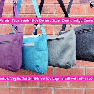 Petit sac en jean à bandoulière avec fermeture éclair, sac à main végétalien fait main avec poche zippée argenté, indigo, bleu denim ou violet, long sac zippé à bandoulière réglable