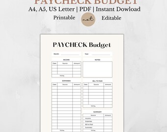 Paycheck Budget Overview Template Printable, Paycheck Budget Printable, Budget Binder, Budget Planner, Budget Template A4 A5 Letter PDF